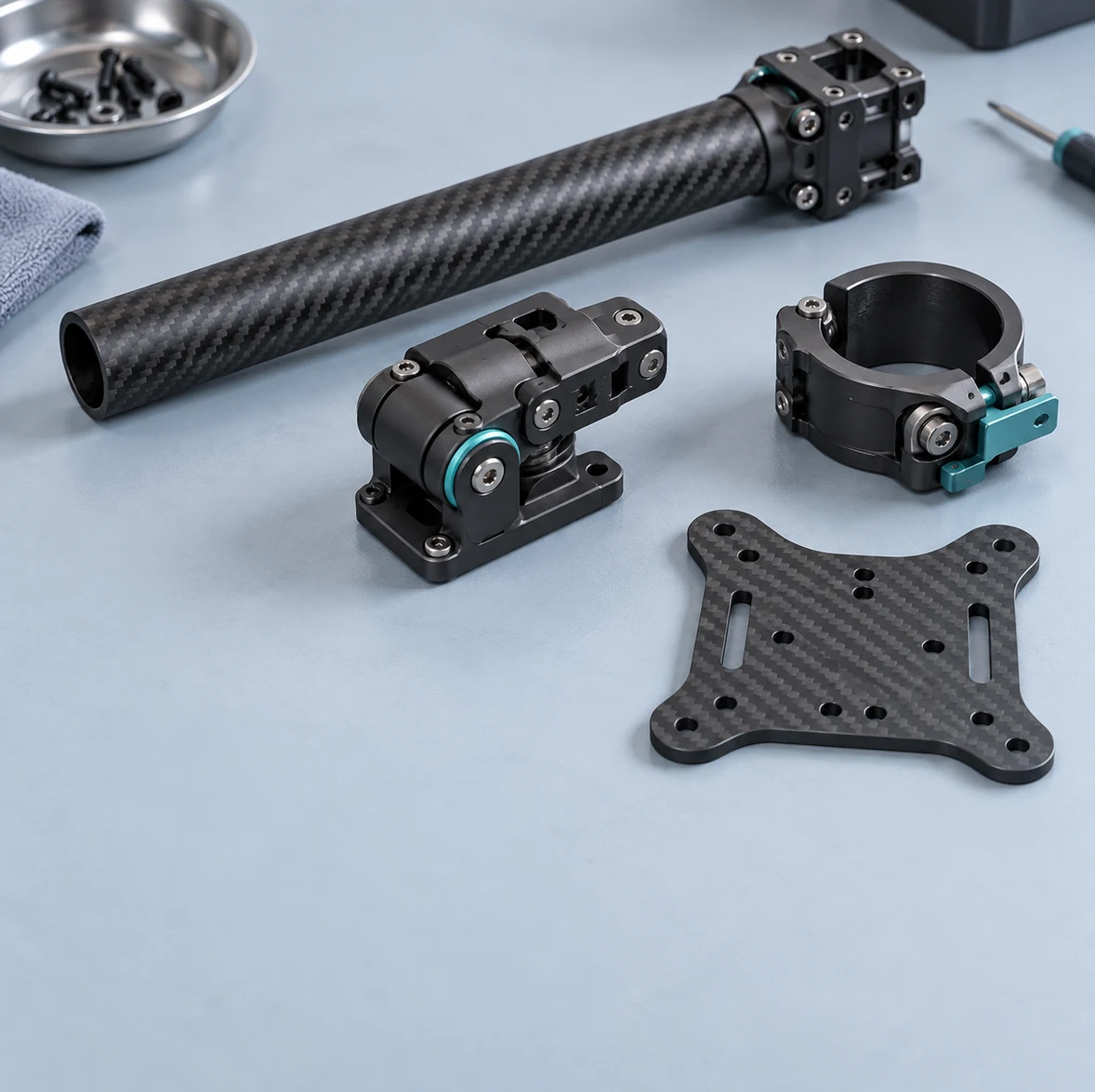 Illustration of drone frame arms, folding joints, clamps and mounting plates