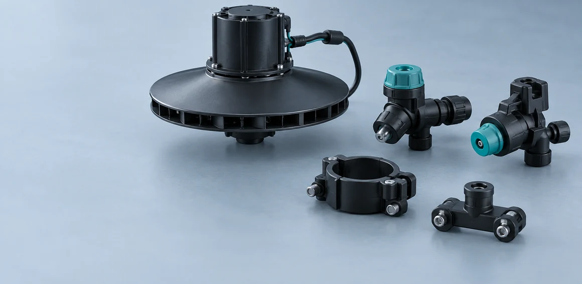 Illustration of drone spray nozzles, atomizers and mounting fittings