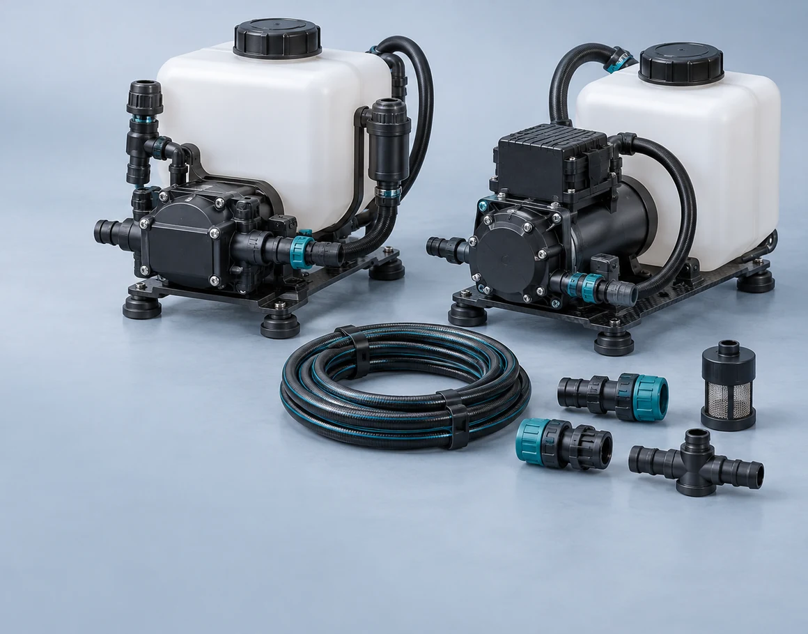 Illustration of drone spray pump assemblies and hose connections