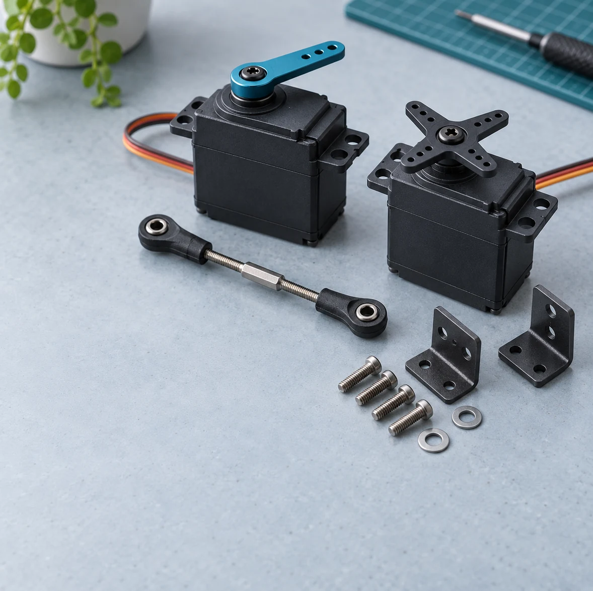 Illustration of drone servos, output horns, linkages and mounting brackets