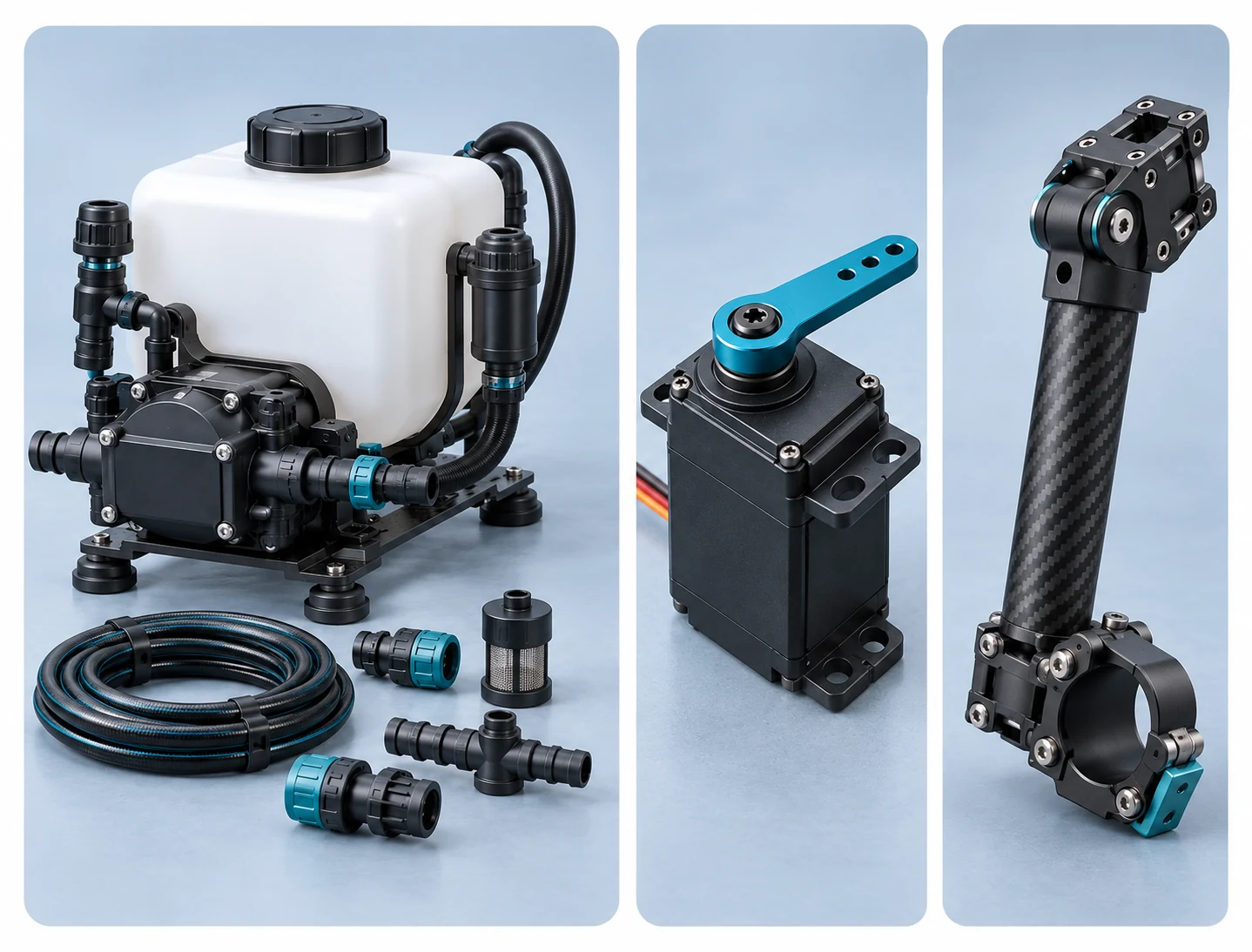 Illustration of drone spray pump, servo and carbon-fiber frame components