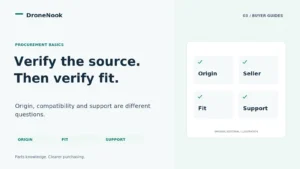 Four verification cards for product origin, seller identity, documented fit and support responsibility.