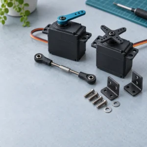 Illustration of drone servos, output horns, linkages and mounting brackets