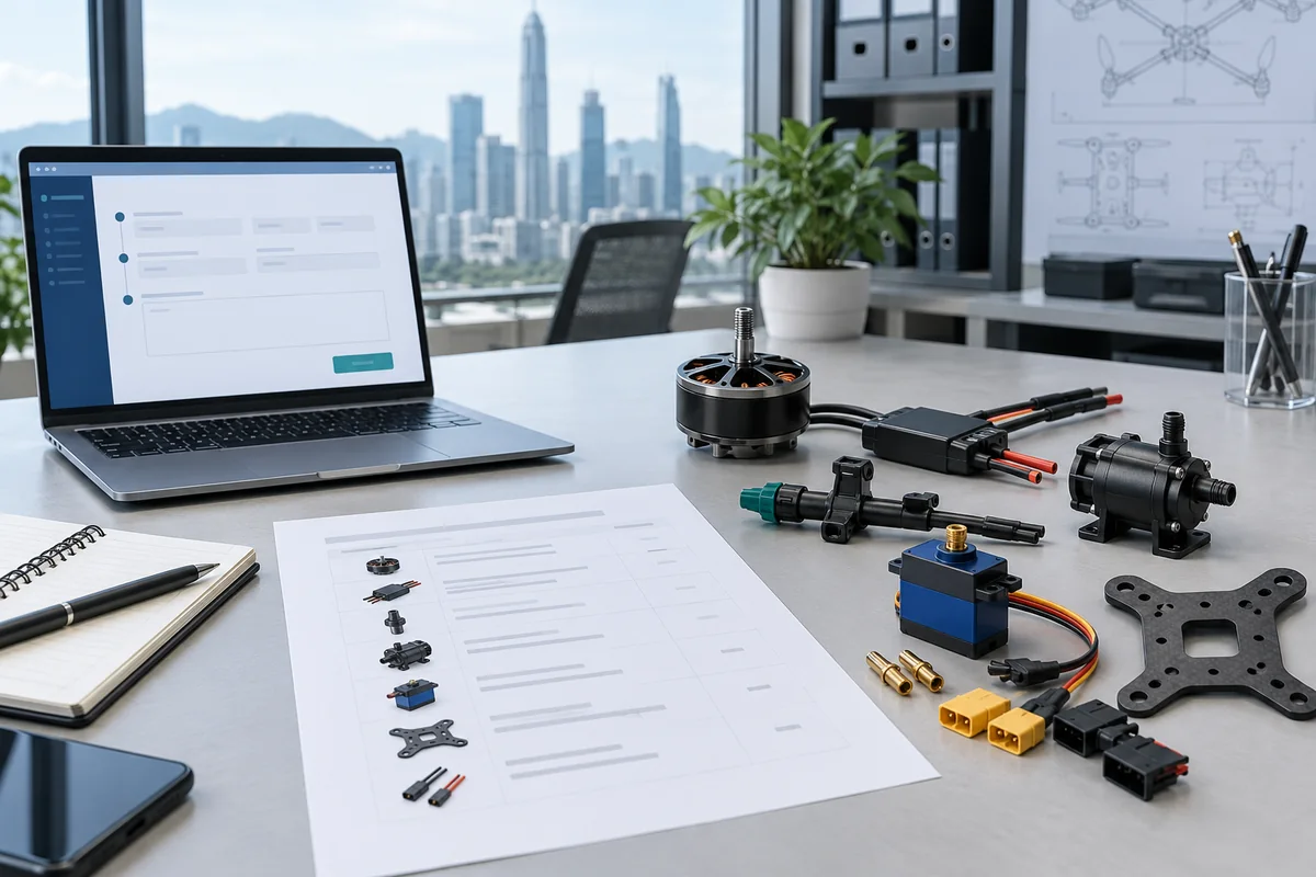 Drone parts inquiry workspace in Shenzhen with motor, ESC, pump, nozzle, servo and frame components
