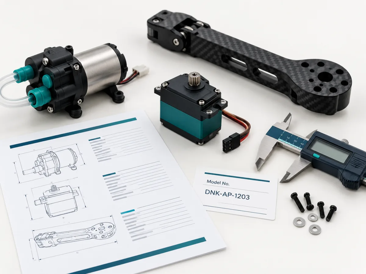 Independent drone parts sourcing model verification with pump, servo, carbon-fiber frame arm and technical datasheet
