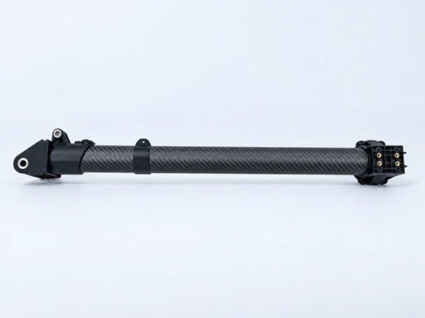 Carbon-fibre folding drone arm reference with folding end fitting and opposite mounting interface