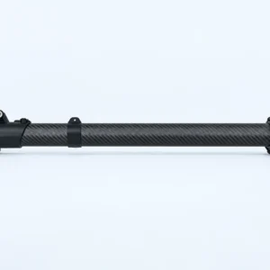 Side view of folding drone arm assembly showing the carbon-fibre tube and both end fittings