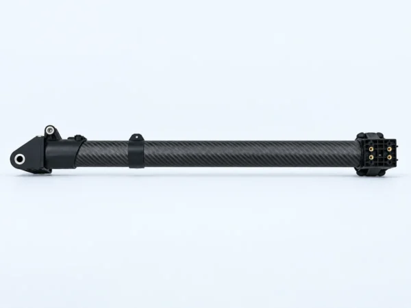 Side view of folding drone arm assembly showing the carbon-fibre tube and both end fittings